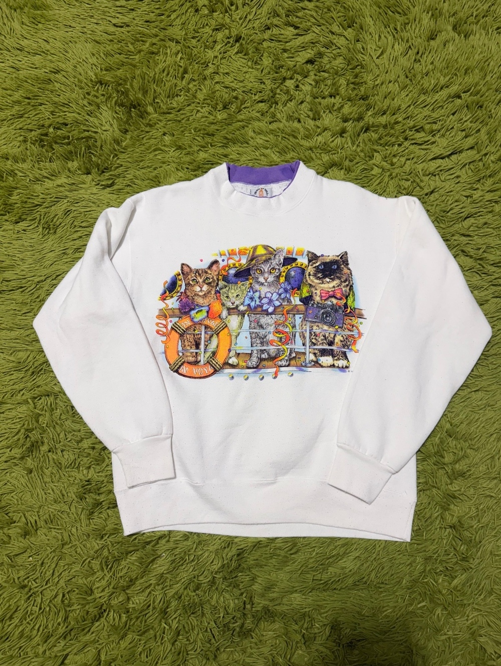 Vintage Prints of Tails Front and Back Cat Graphic Sweatshirt Size Medium White